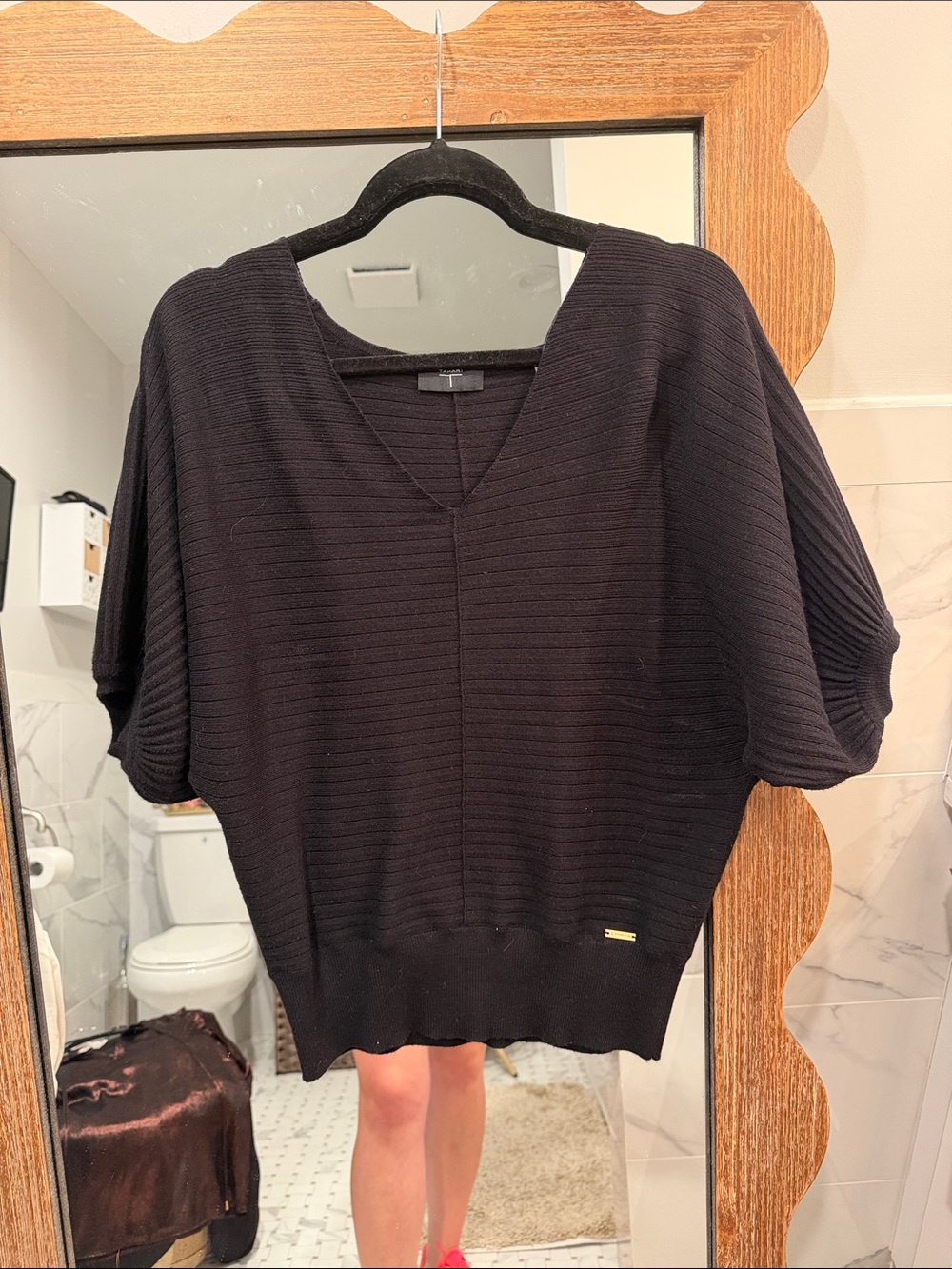 Tahari Black Ribbed V-Neck Dolman Sweater Top